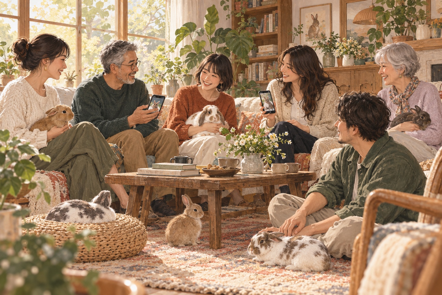うさぎを大切にする飼い主同士のつながりを表現したイメージ
