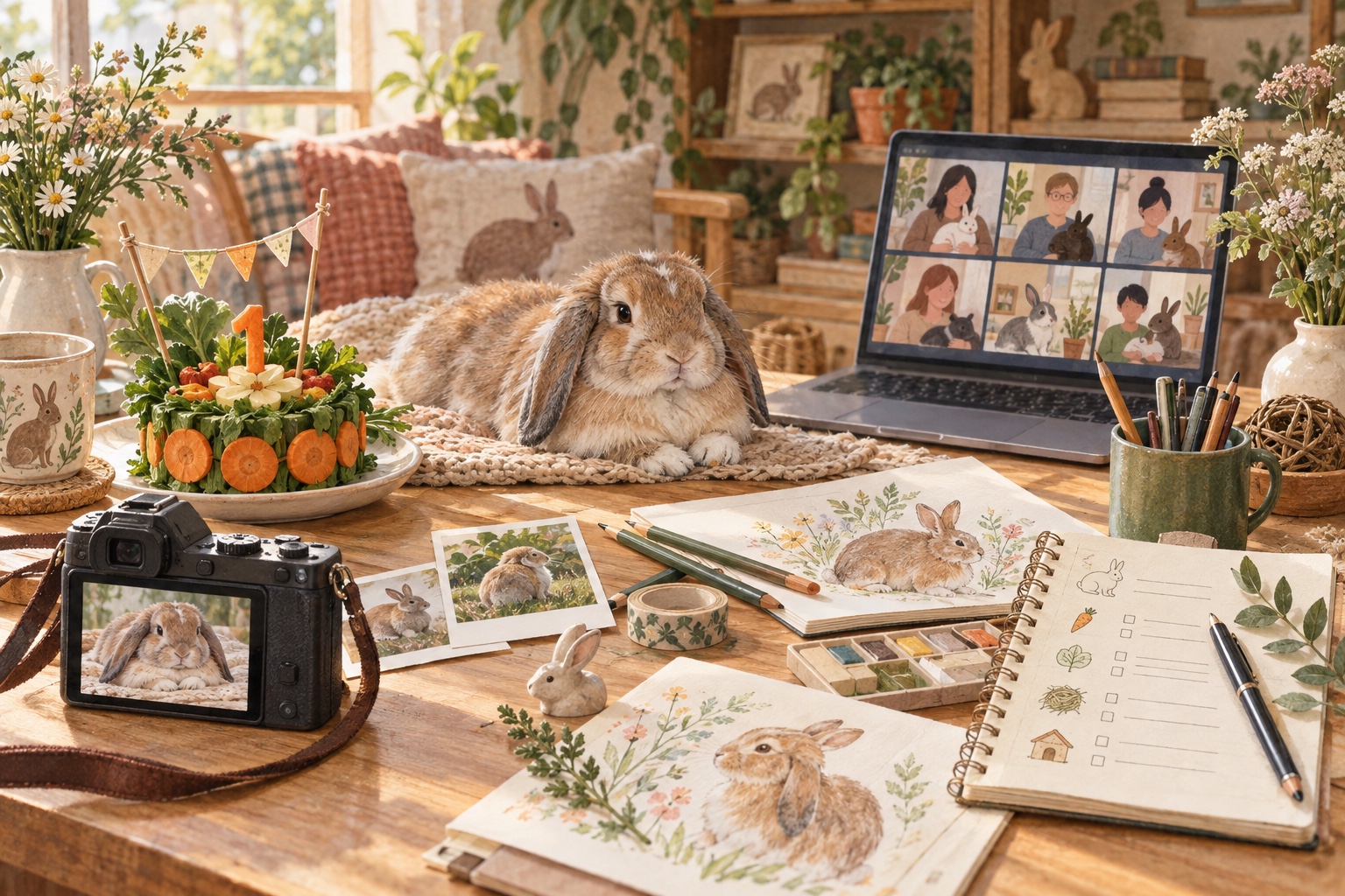 うさぎの写真、作品づくり、オンライン交流を表現したイメージ